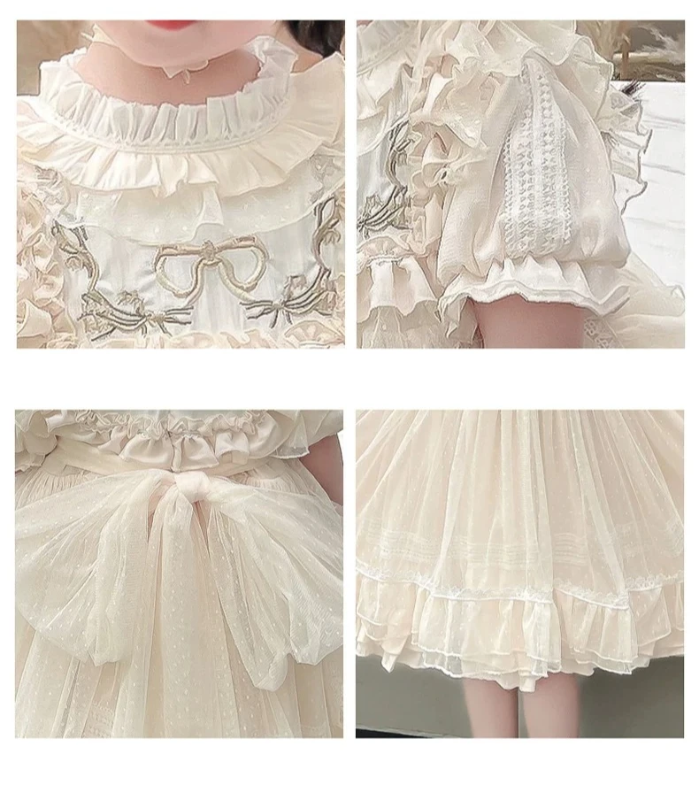 Baby Girls Lolita Princess Dress Kids 2026 Summer New Short Puff Sleeve Chic Embroidery Lace Collar Ruffle Trim Tulle Tutu Gown