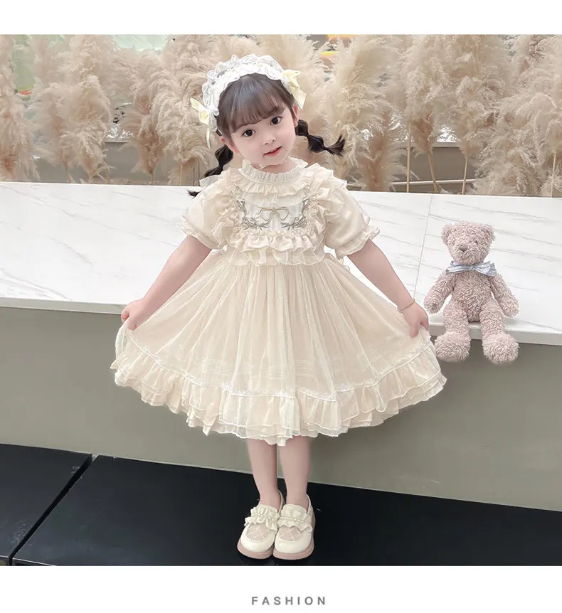 Baby Girls Lolita Princess Dress Kids 2026 Summer New Short Puff Sleeve Chic Embroidery Lace Collar Ruffle Trim Tulle Tutu Gown