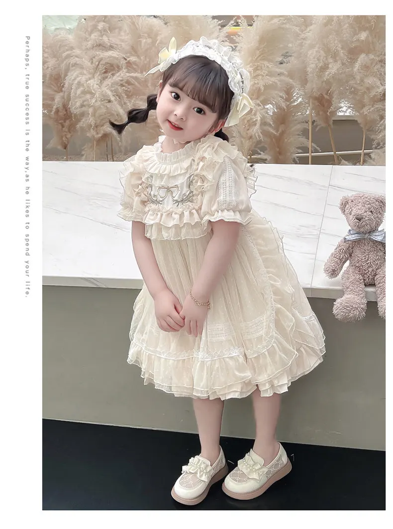 Baby Girls Lolita Princess Dress Kids 2026 Summer New Short Puff Sleeve Chic Embroidery Lace Collar Ruffle Trim Tulle Tutu Gown