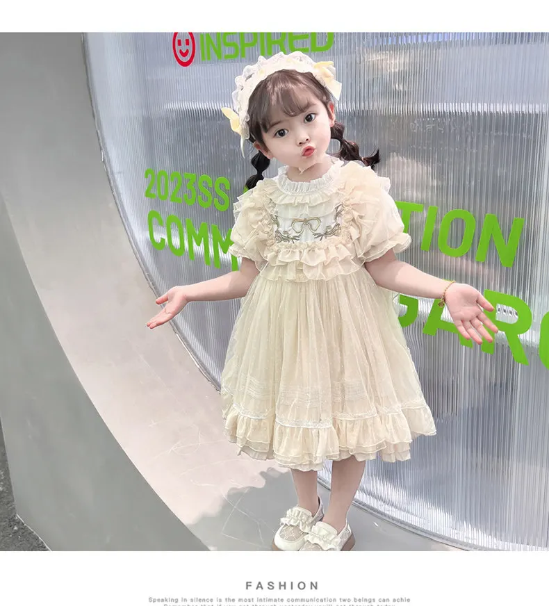 Baby Girls Lolita Princess Dress Kids 2026 Summer New Short Puff Sleeve Chic Embroidery Lace Collar Ruffle Trim Tulle Tutu Gown