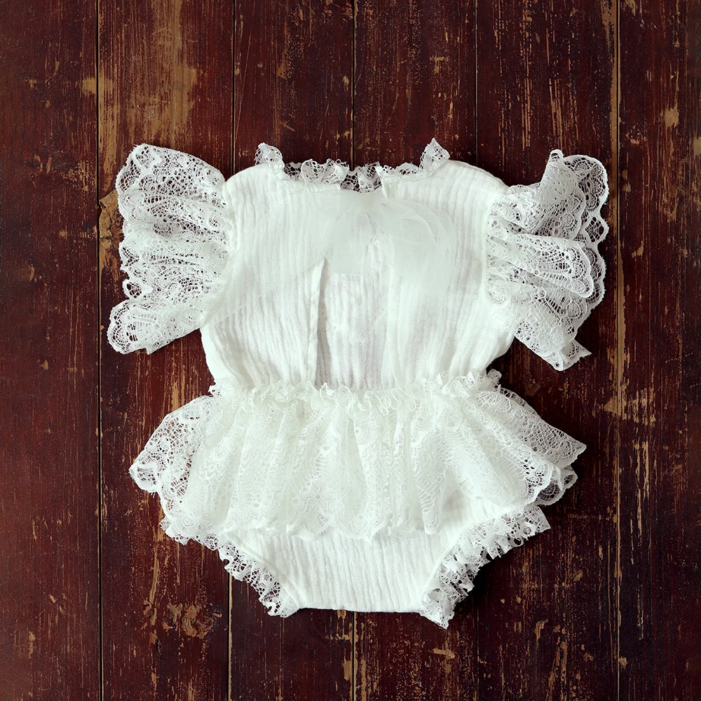Baby Girl Lace Ruffle Open Back Romper Bow Headband Newborn Photography Props Infant Photo Shoot Outfit Newborn Prop