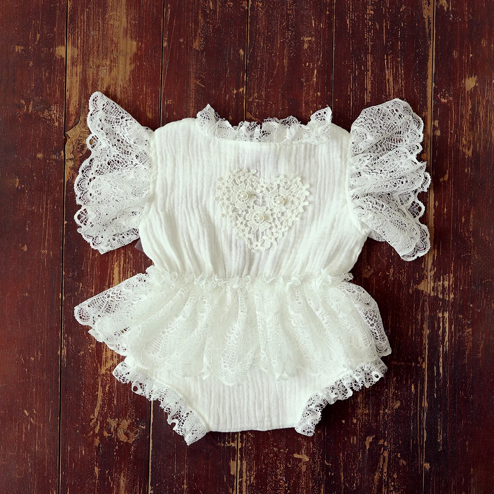 Baby Girl Lace Ruffle Open Back Romper Bow Headband Newborn Photography Props Infant Photo Shoot Outfit Newborn Prop