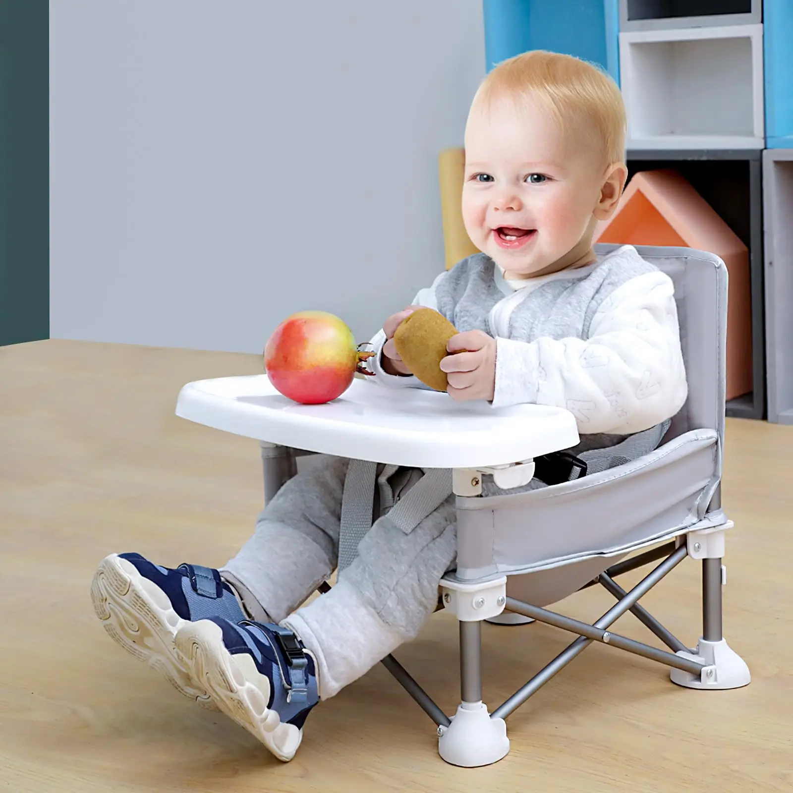 Folding Baby Dining Chair with Detachable Tray Carry Bag Lightweight Foldable Baby Seat Safety Harness for Indoor Outdoor Use