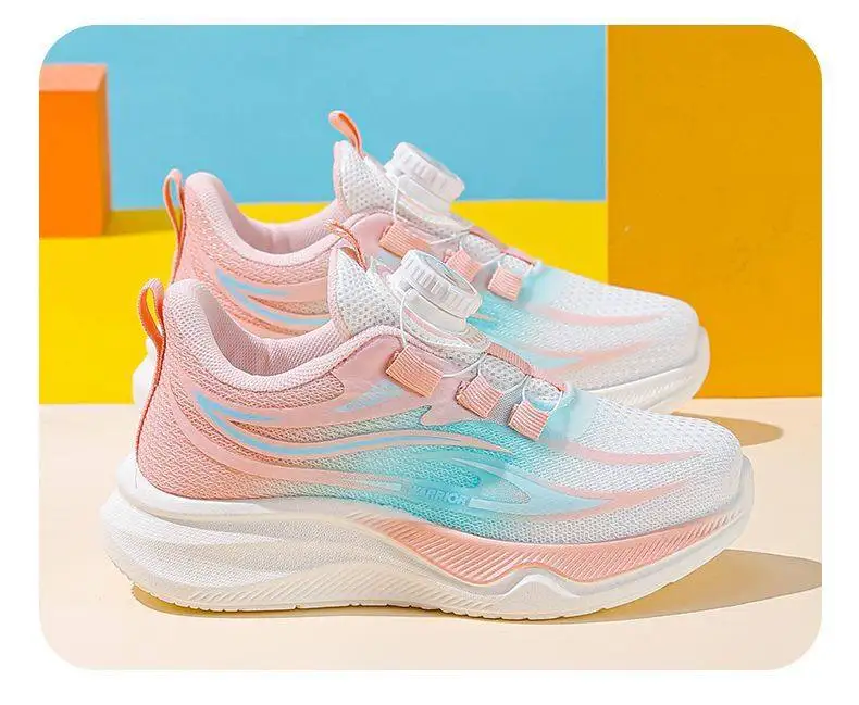 2026 Spring New Princess Style Rotating Button Girls Sports Shoes Breathable Mesh Children Casual Shoes