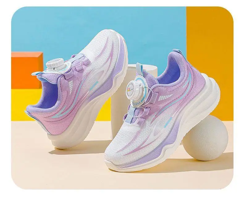 2026 Spring New Princess Style Rotating Button Girls Sports Shoes Breathable Mesh Children Casual Shoes