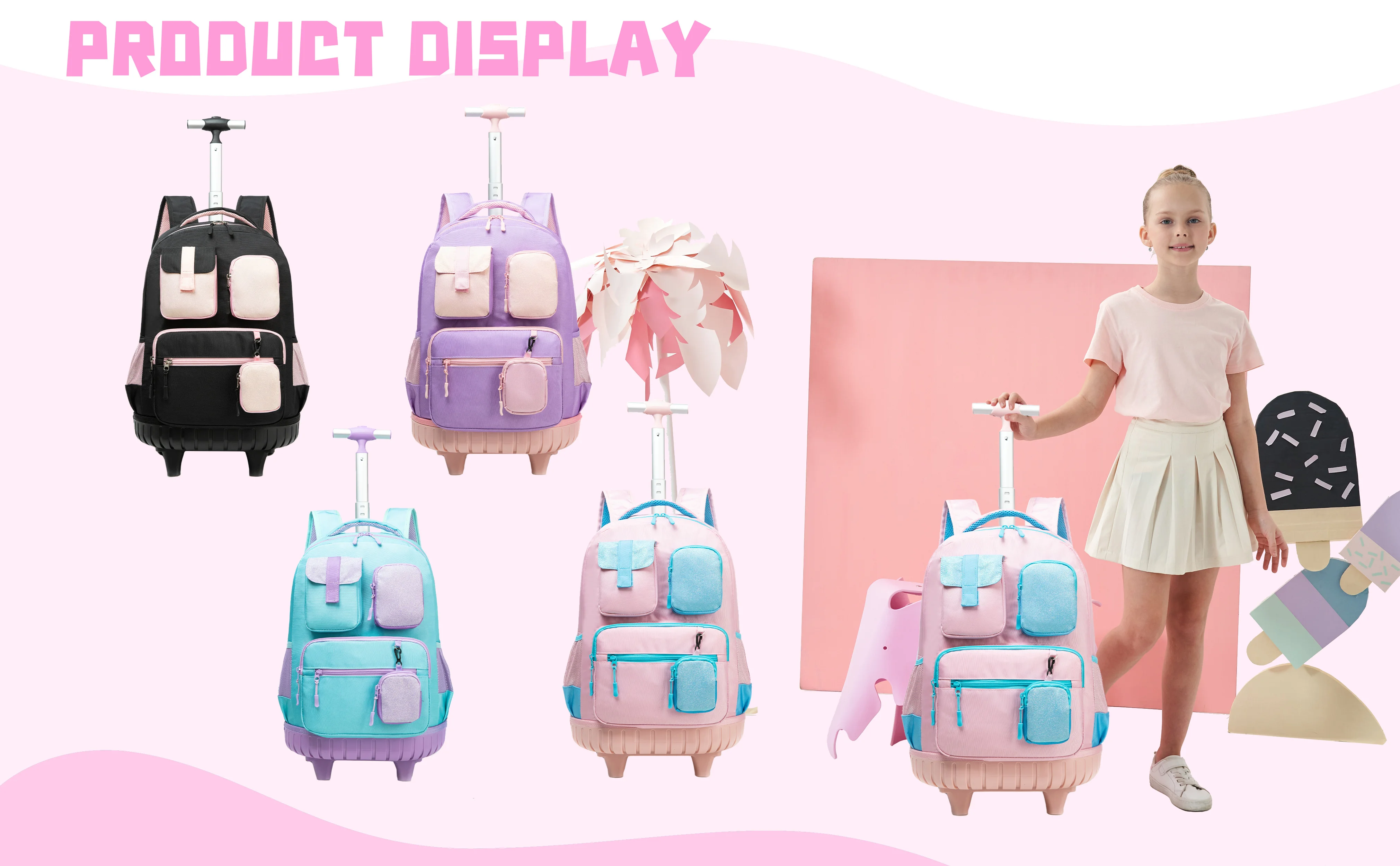 Meetbelify Rolling Backpack for Girls Backpacks with Wheels Kids Carry on Luggage for Girls