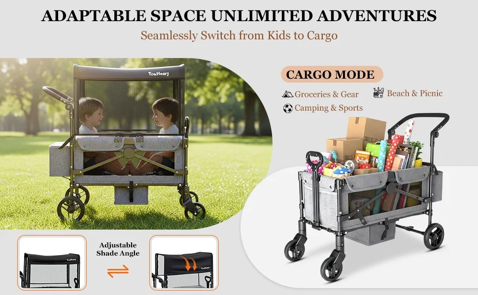 TouHeart 2 Seat Wagon Stroller For 2 Kids, Foldable All-Terrain Wagon for Toddler with Canopy 220 lbs Capacity