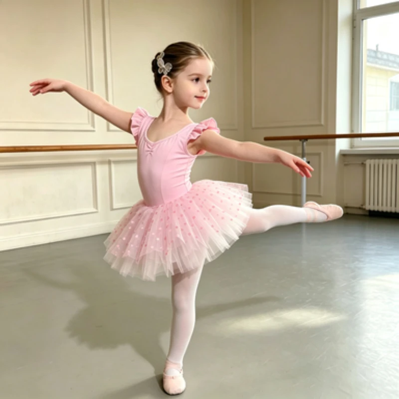 Pink flutter-sleeve ballet practice outfit for girls, a summer ballet set suitable for ballet training and grade examinations.