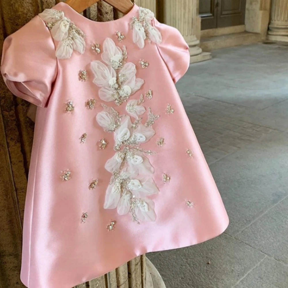 Exquisite Beaded 3D Flower Satin Princess Gown For Kids Birthday Party Cute Elegant Oneck Puff Sleeve Girls Dresses 80-160cm