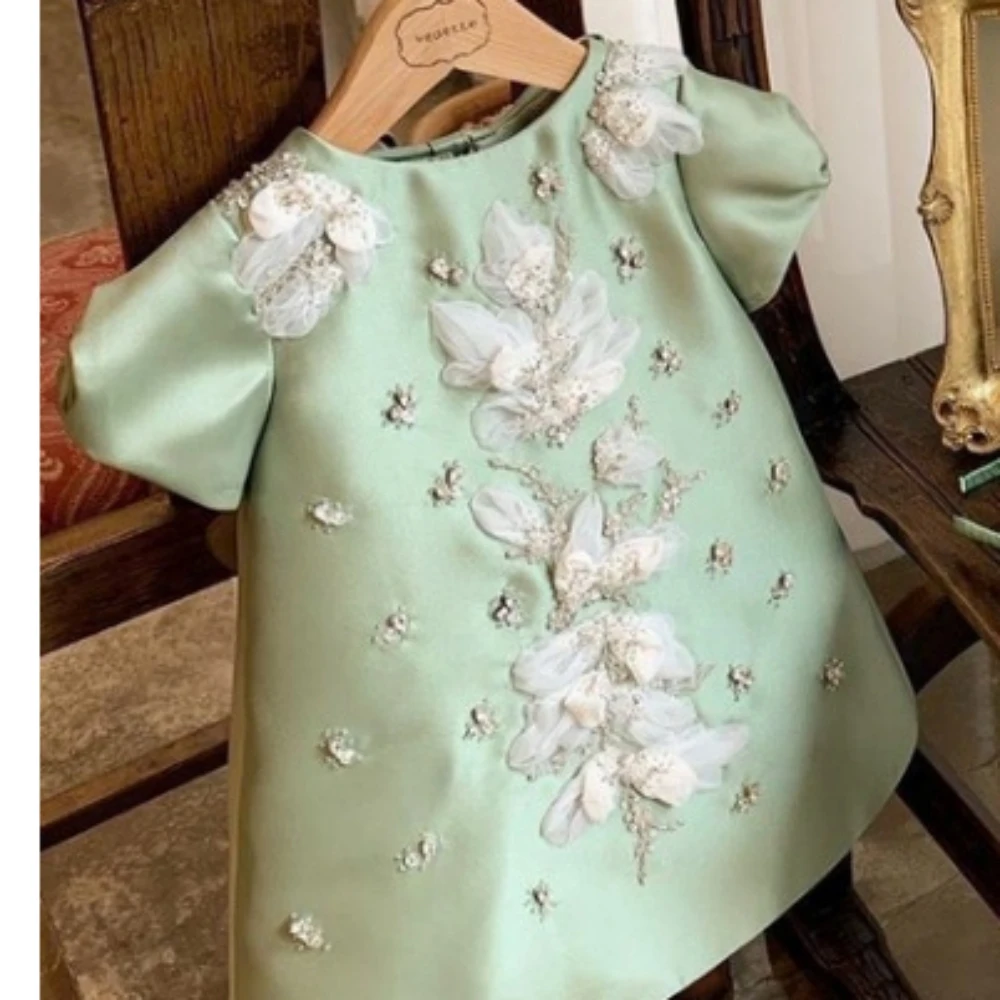 Exquisite Beaded 3D Flower Satin Princess Gown For Kids Birthday Party Cute Elegant Oneck Puff Sleeve Girls Dresses 80-160cm