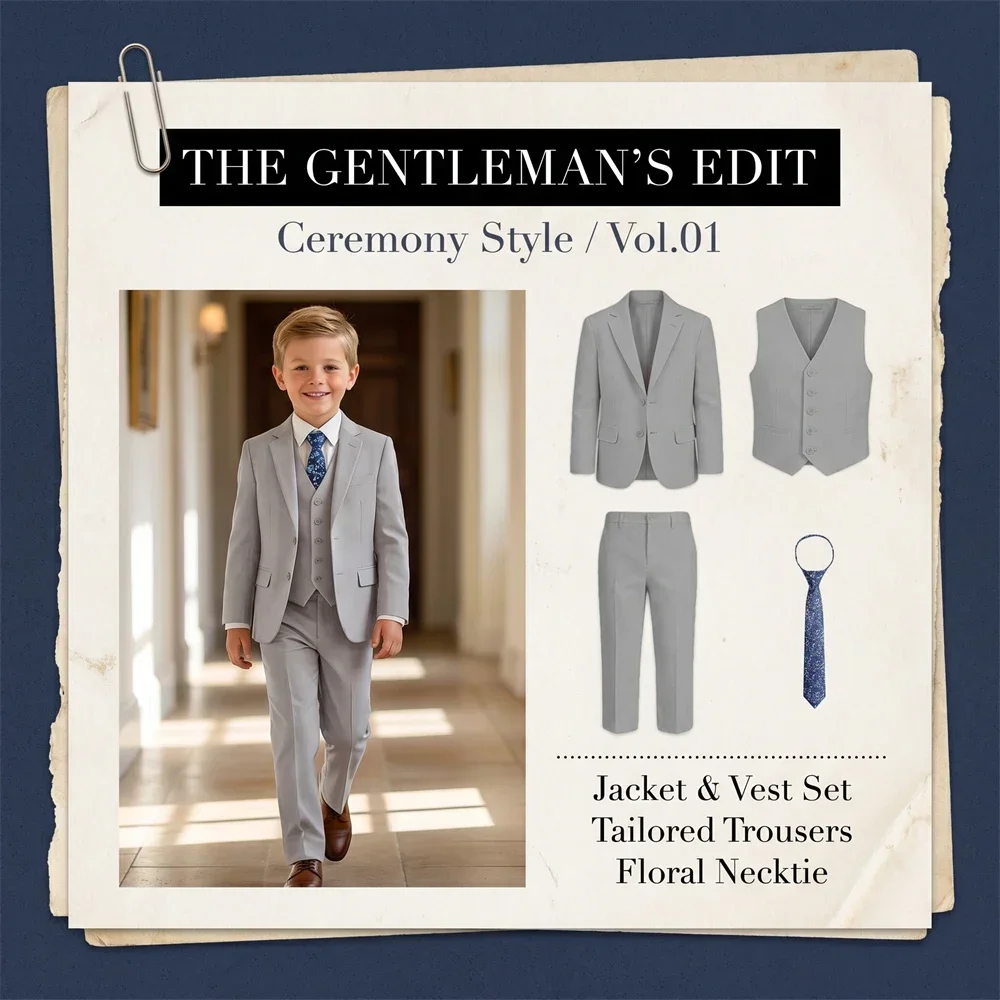 Summer Beach Wedding Suit for Ring Bearer, Boy's Formal Suit Set 4 Pieces (Jacket Vest Pants Tie) Birthday Communion Prom Suits
