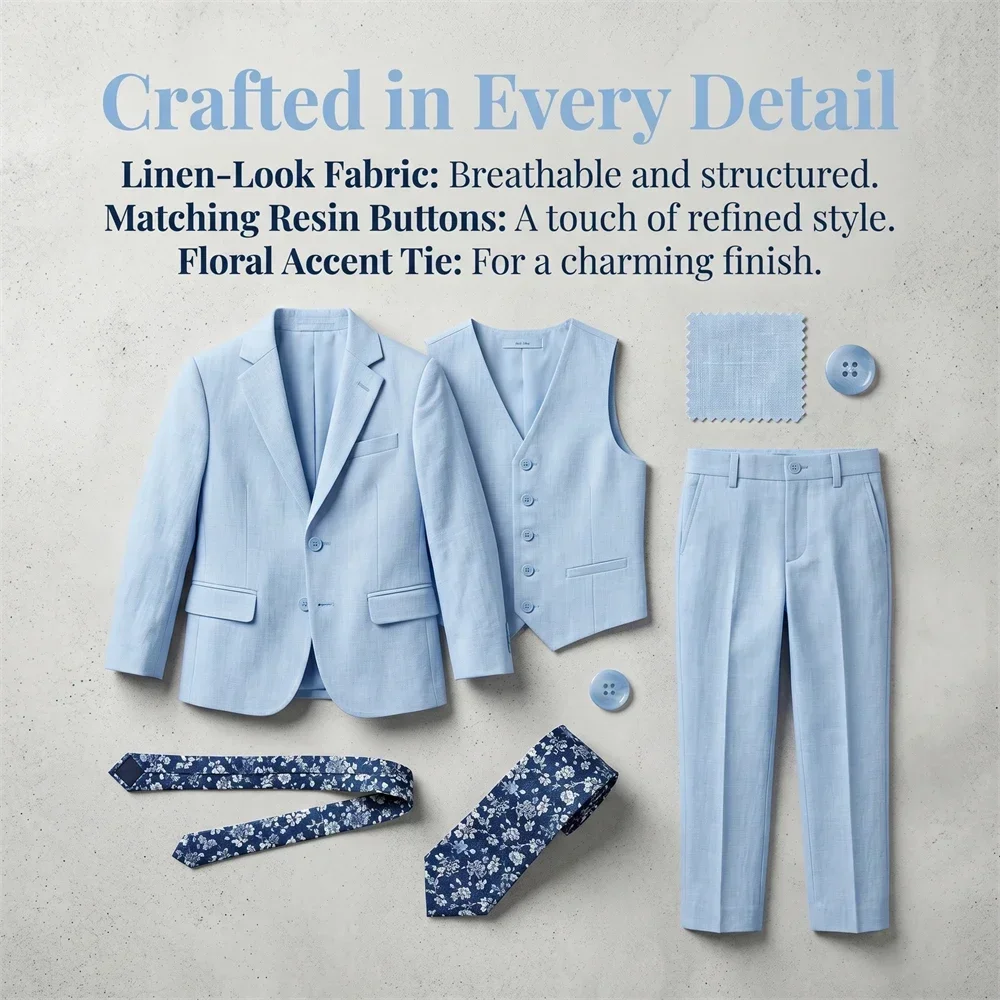Summer Beach Wedding Suit for Ring Bearer, Boy's Formal Suit Set 4 Pieces (Jacket Vest Pants Tie) Birthday Communion Prom Suits