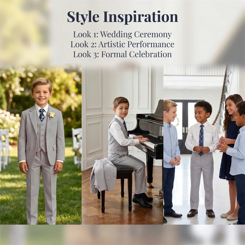 Summer Beach Wedding Suit for Ring Bearer, Boy's Formal Suit Set 4 Pieces (Jacket Vest Pants Tie) Birthday Communion Prom Suits