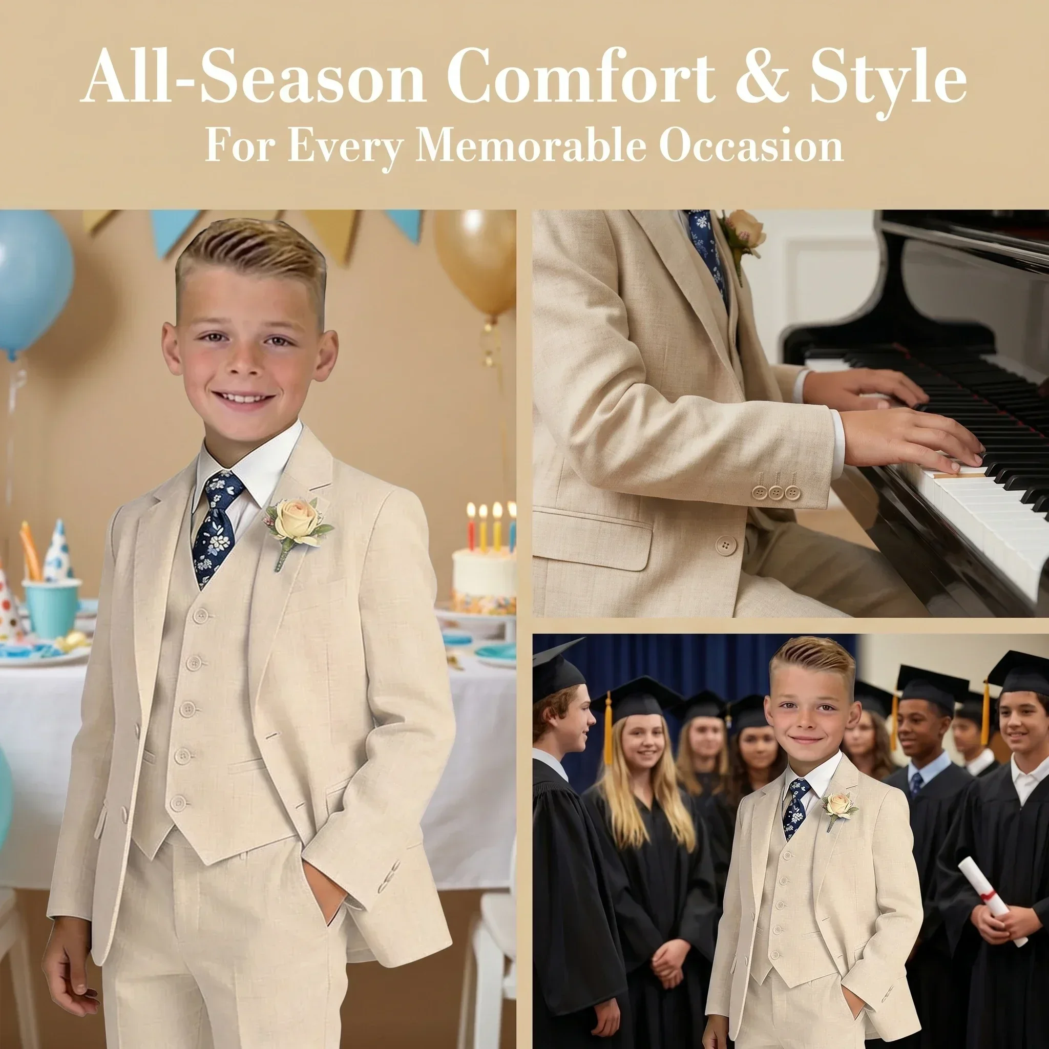Summer Beach Wedding Suit for Ring Bearer, Boy's Formal Suit Set 4 Pieces (Jacket Vest Pants Tie) Birthday Communion Prom Suits