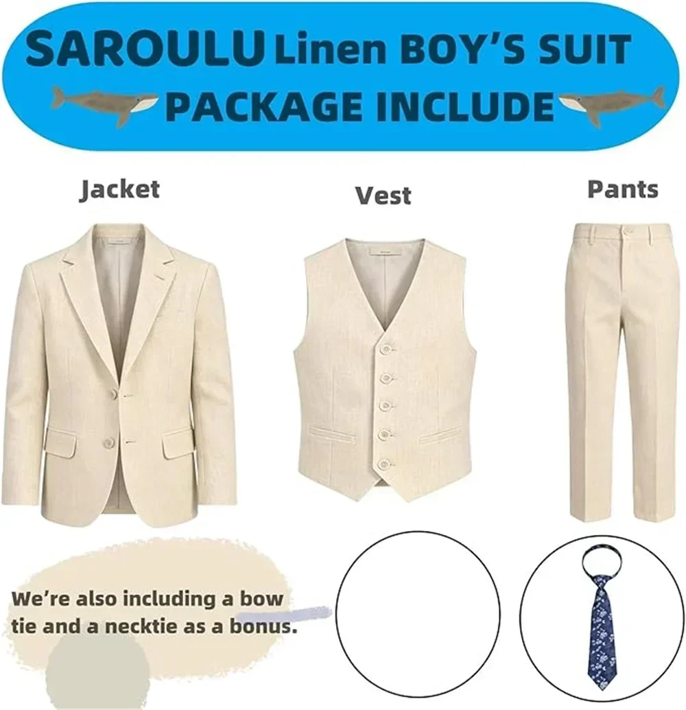 Summer Beach Wedding Suit for Ring Bearer, Boy's Formal Suit Set 4 Pieces (Jacket Vest Pants Tie) Birthday Communion Prom Suits