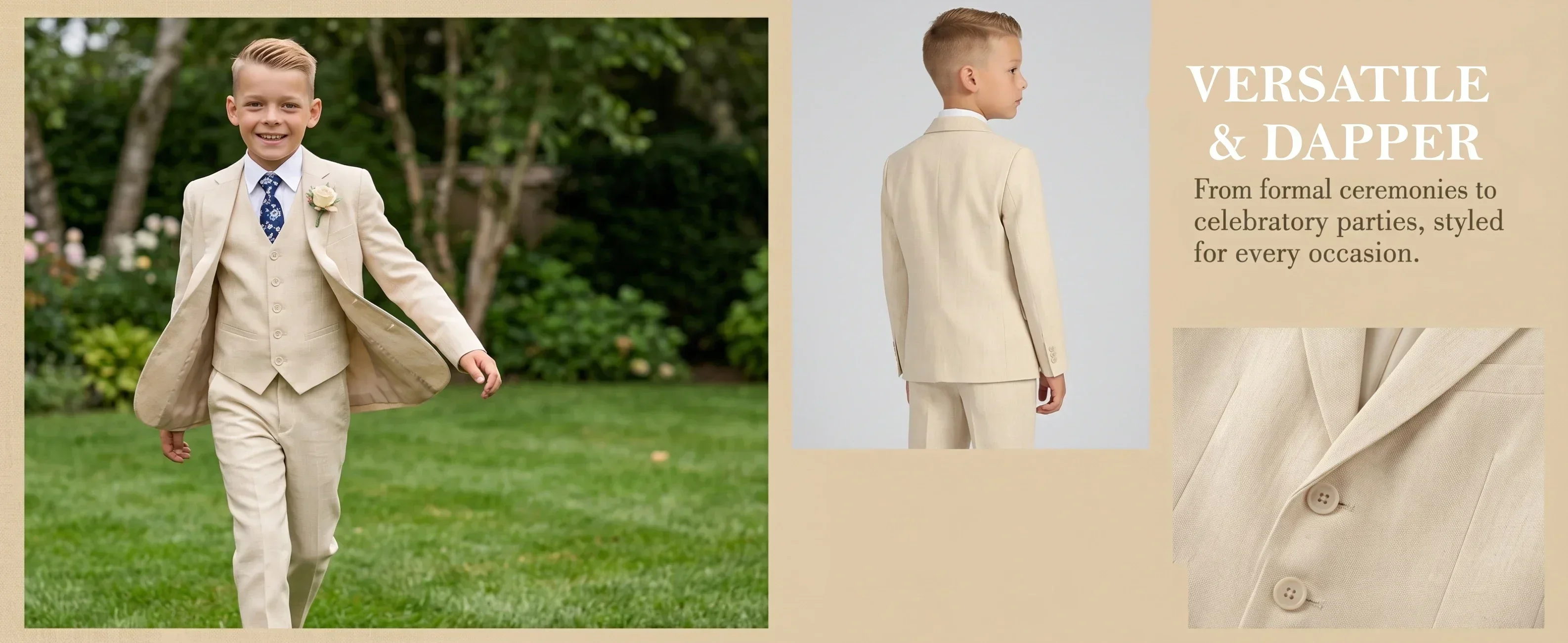 Summer Beach Wedding Suit for Ring Bearer, Boy's Formal Suit Set 4 Pieces (Jacket Vest Pants Tie) Birthday Communion Prom Suits