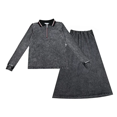 BARCALI Youth Set Navy and Black Sweatshirt and Maxi Skirt Suit Long Sleeve Contrast Collar and Zipper French Terry for Winter