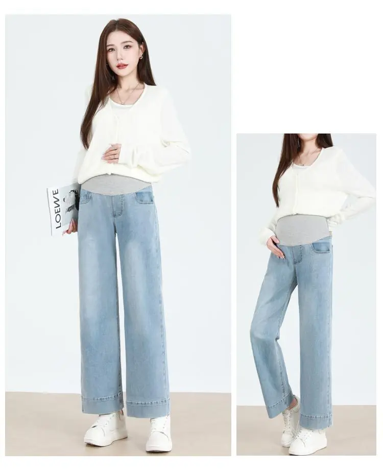 Maternity Straight-Leg Jeans Maternity Fashion Jeans: Spring/Fall Adjustable-Waist Wide-Leg Pants, Maternity Loose-Fit Pants