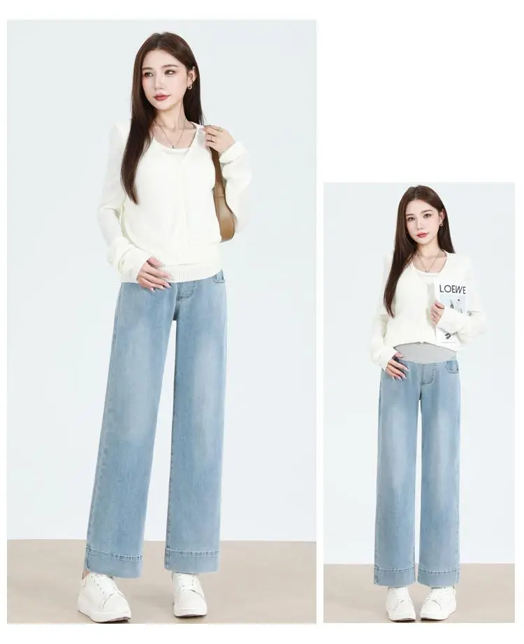 Maternity Straight-Leg Jeans Maternity Fashion Jeans: Spring/Fall Adjustable-Waist Wide-Leg Pants, Maternity Loose-Fit Pants