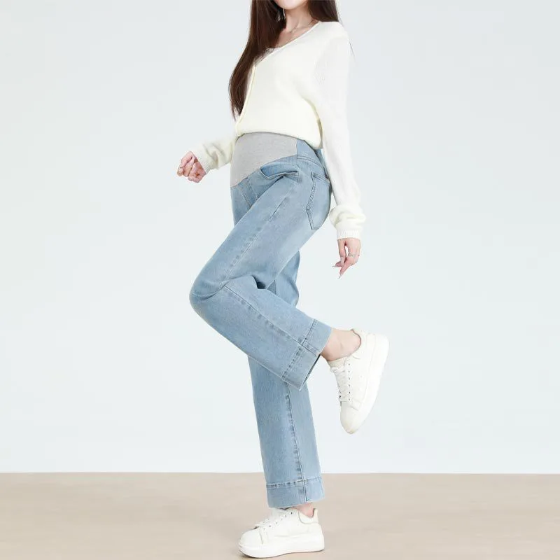 Maternity Straight-Leg Jeans Maternity Fashion Jeans: Spring/Fall Adjustable-Waist Wide-Leg Pants, Maternity Loose-Fit Pants