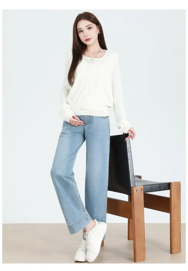 Maternity Straight-Leg Jeans Maternity Fashion Jeans: Spring/Fall Adjustable-Waist Wide-Leg Pants, Maternity Loose-Fit Pants