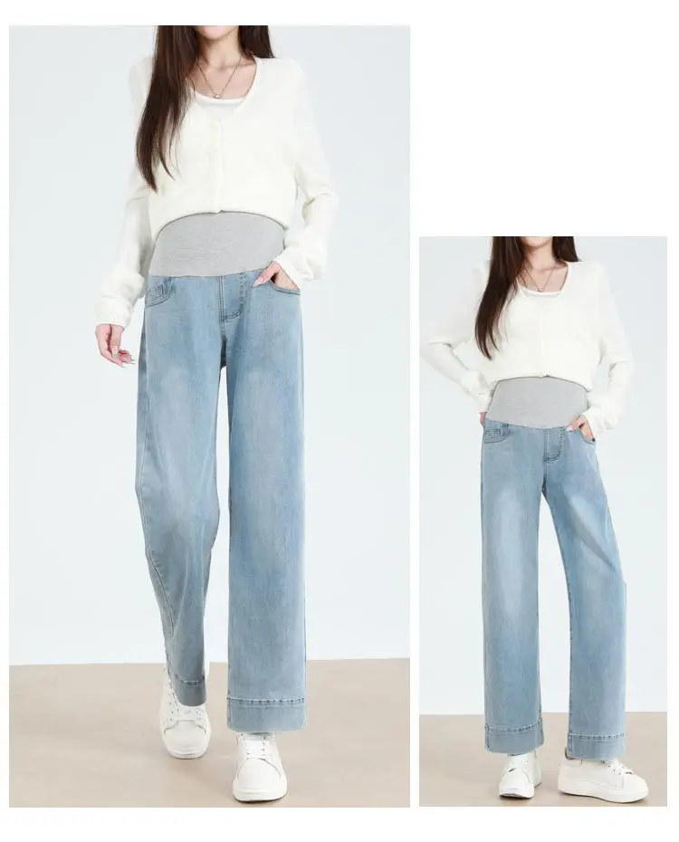 Maternity Straight-Leg Jeans Maternity Fashion Jeans: Spring/Fall Adjustable-Waist Wide-Leg Pants, Maternity Loose-Fit Pants