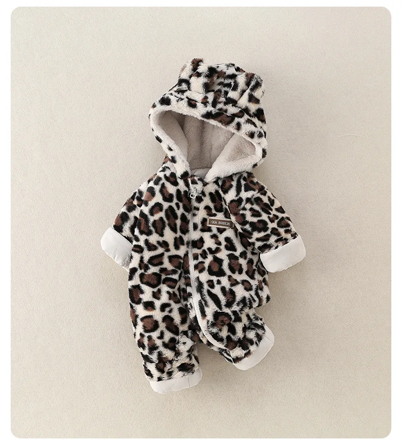 2026 Winter Baby Clothes Fur Lining Boys Rompers Infant Girls Hoodie Jumpsuits Leopard Print Toddler Clothes