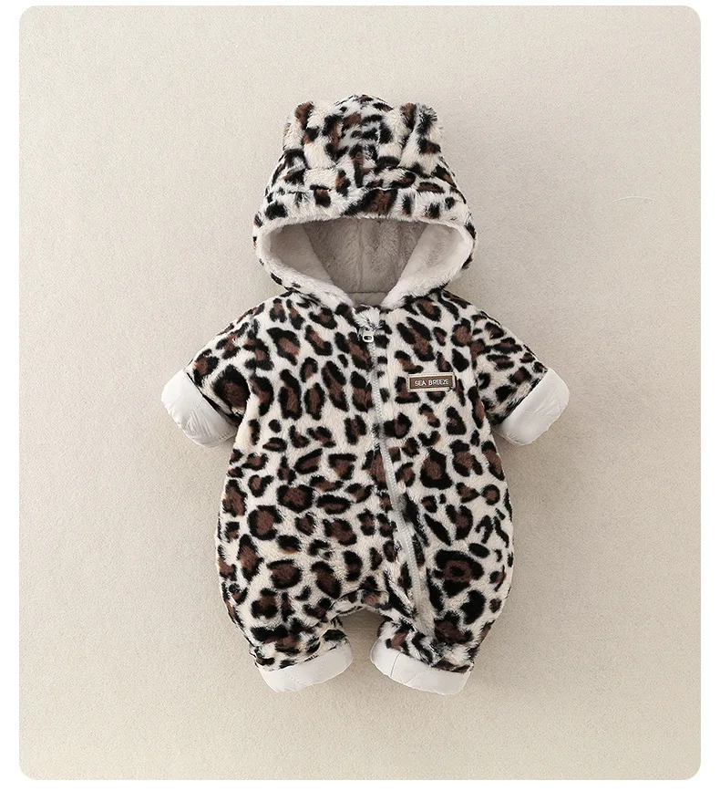 2026 Winter Baby Clothes Fur Lining Boys Rompers Infant Girls Hoodie Jumpsuits Leopard Print Toddler Clothes