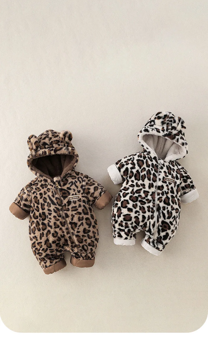 2026 Winter Baby Clothes Fur Lining Boys Rompers Infant Girls Hoodie Jumpsuits Leopard Print Toddler Clothes