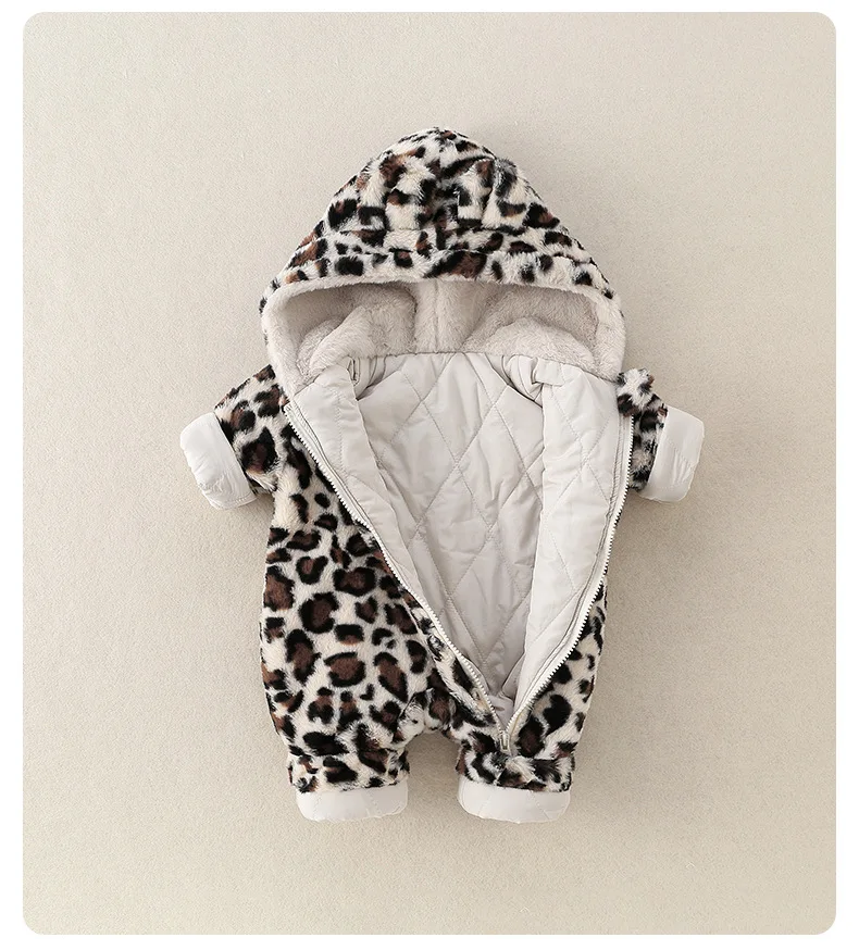 2026 Winter Baby Clothes Fur Lining Boys Rompers Infant Girls Hoodie Jumpsuits Leopard Print Toddler Clothes