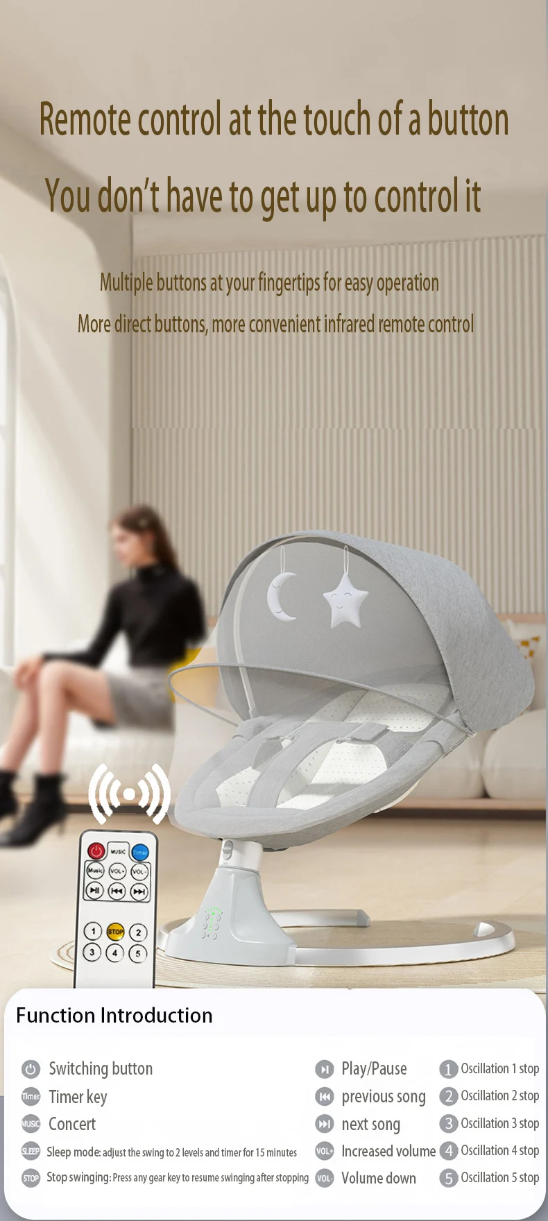 Baby Swing Chair Infant Rocking Seat with 5 Motion Levels 3 Position Adjustable Backrest Sitting Reclining Lie Flat Newborn Soothing Rocker with Canopy Mosquito Net 5 Point Safety Harness Comfortable Baby Bouncer for 0-24 Months