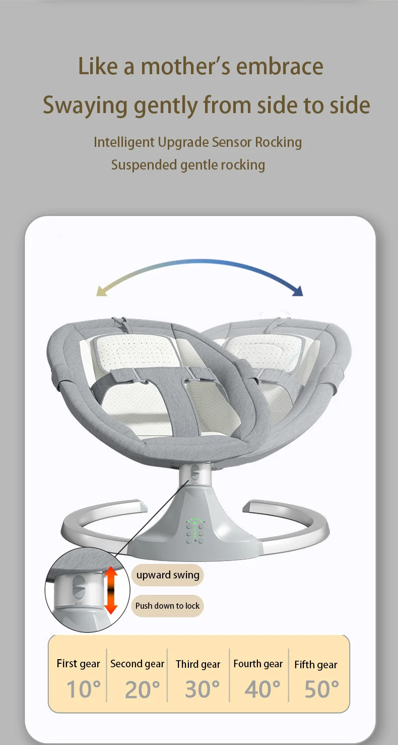 Baby Swing Chair Infant Rocking Seat with 5 Motion Levels 3 Position Adjustable Backrest Sitting Reclining Lie Flat Newborn Soothing Rocker with Canopy Mosquito Net 5 Point Safety Harness Comfortable Baby Bouncer for 0-24 Months