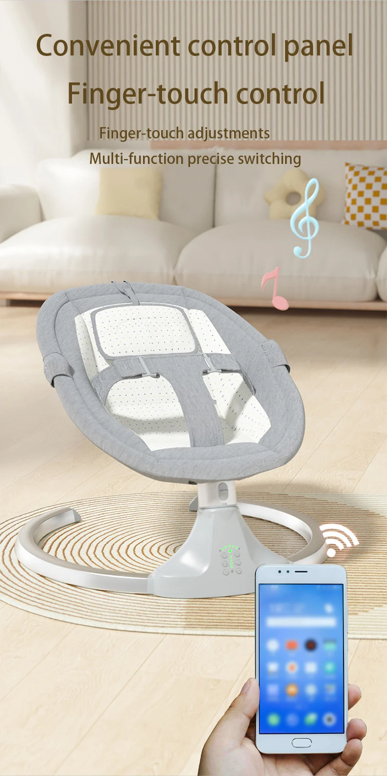 Baby Swing Chair Infant Rocking Seat with 5 Motion Levels 3 Position Adjustable Backrest Sitting Reclining Lie Flat Newborn Soothing Rocker with Canopy Mosquito Net 5 Point Safety Harness Comfortable Baby Bouncer for 0-24 Months