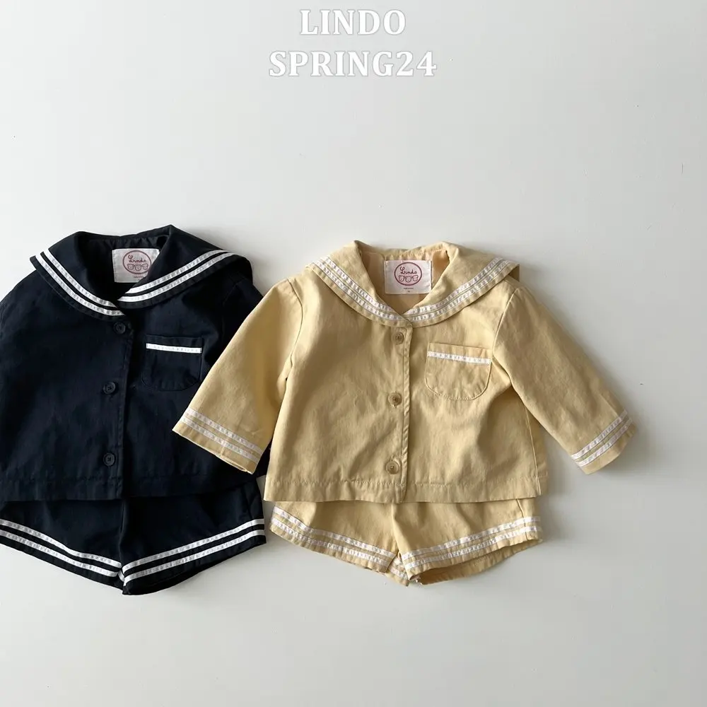 2026 Spring New Baby Girl Sailor Collar Tops + Shorts 2pcs Suit Kids Boys Long Sleeve Casual Striped Clothes Set Toddler Outfits