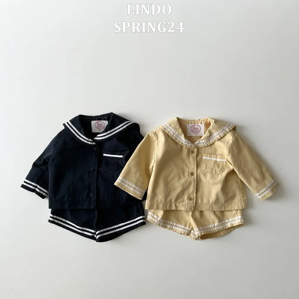2026 Spring New Baby Girl Sailor Collar Tops + Shorts 2pcs Suit Kids Boys Long Sleeve Casual Striped Clothes Set Toddler Outfits