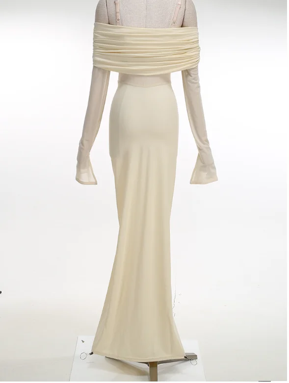Off Shoulder Maternity Gown Long Sleeve Ruched Belly Maxi Dress, Stretch Bodycon Mermaid Photoshoot Dress For Baby Shower Party