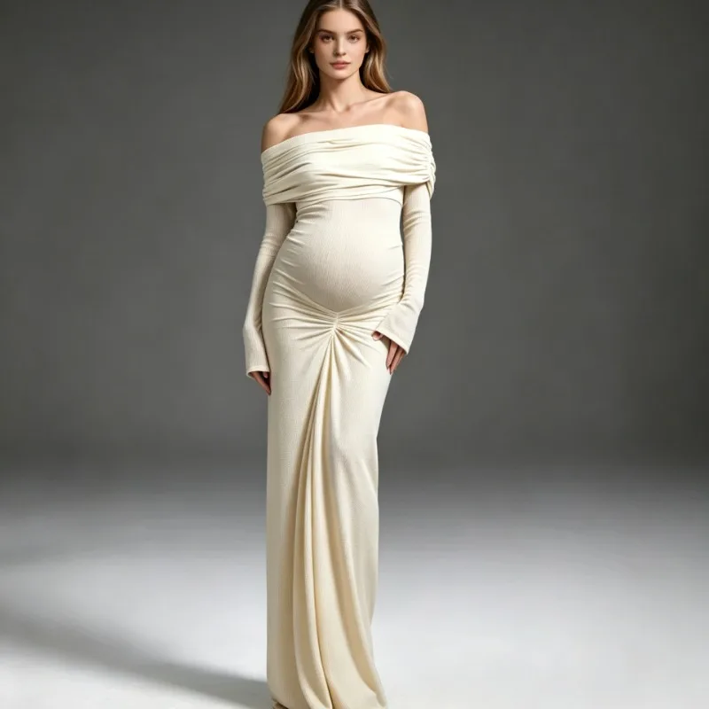 Off Shoulder Maternity Gown Long Sleeve Ruched Belly Maxi Dress, Stretch Bodycon Mermaid Photoshoot Dress For Baby Shower Party