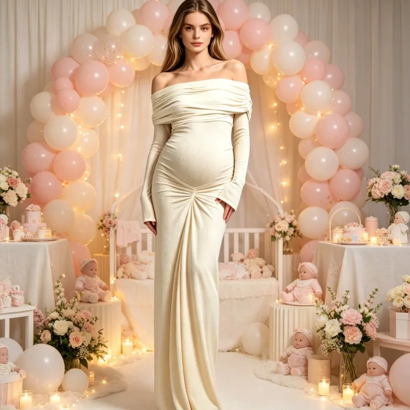 Off Shoulder Maternity Gown Long Sleeve Ruched Belly Maxi Dress, Stretch Bodycon Mermaid Photoshoot Dress For Baby Shower Party