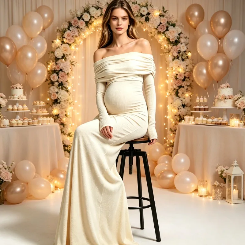 Off Shoulder Maternity Gown Long Sleeve Ruched Belly Maxi Dress, Stretch Bodycon Mermaid Photoshoot Dress For Baby Shower Party