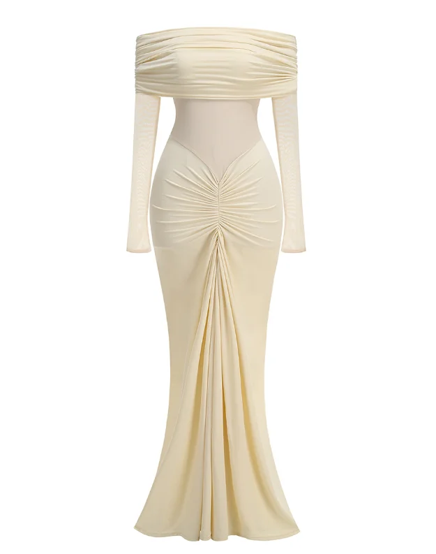Off Shoulder Maternity Gown Long Sleeve Ruched Belly Maxi Dress, Stretch Bodycon Mermaid Photoshoot Dress For Baby Shower Party