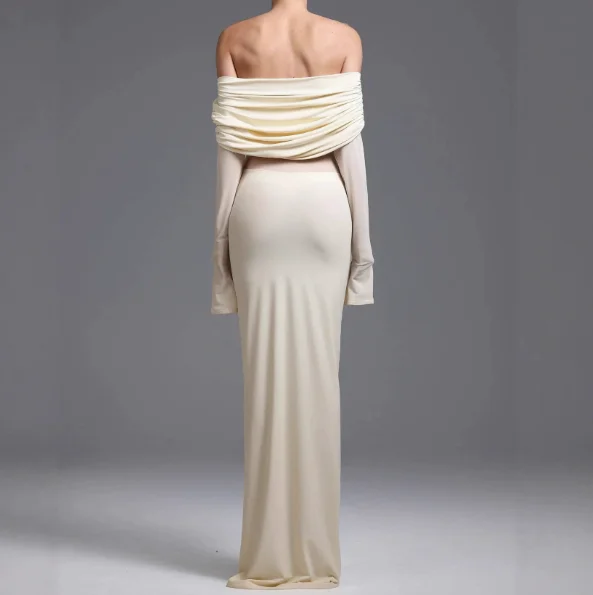Off Shoulder Maternity Gown Long Sleeve Ruched Belly Maxi Dress, Stretch Bodycon Mermaid Photoshoot Dress For Baby Shower Party