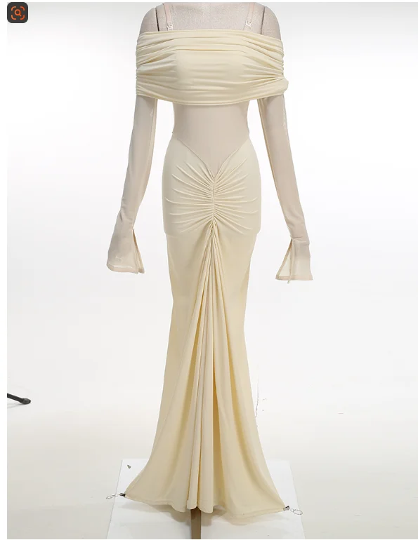 Off Shoulder Maternity Gown Long Sleeve Ruched Belly Maxi Dress, Stretch Bodycon Mermaid Photoshoot Dress For Baby Shower Party