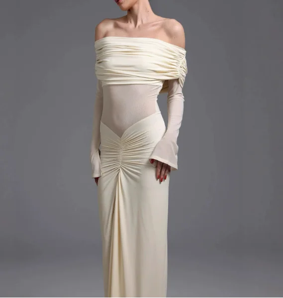 Off Shoulder Maternity Gown Long Sleeve Ruched Belly Maxi Dress, Stretch Bodycon Mermaid Photoshoot Dress For Baby Shower Party