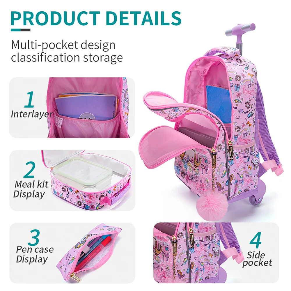 3PCS Rolling Backpack For Girls, Kids Wheeled School BookBag With Handbag And Pen Bag, Pink Unicorn Pattern Cute Sequin Material, Nighttime Reflective