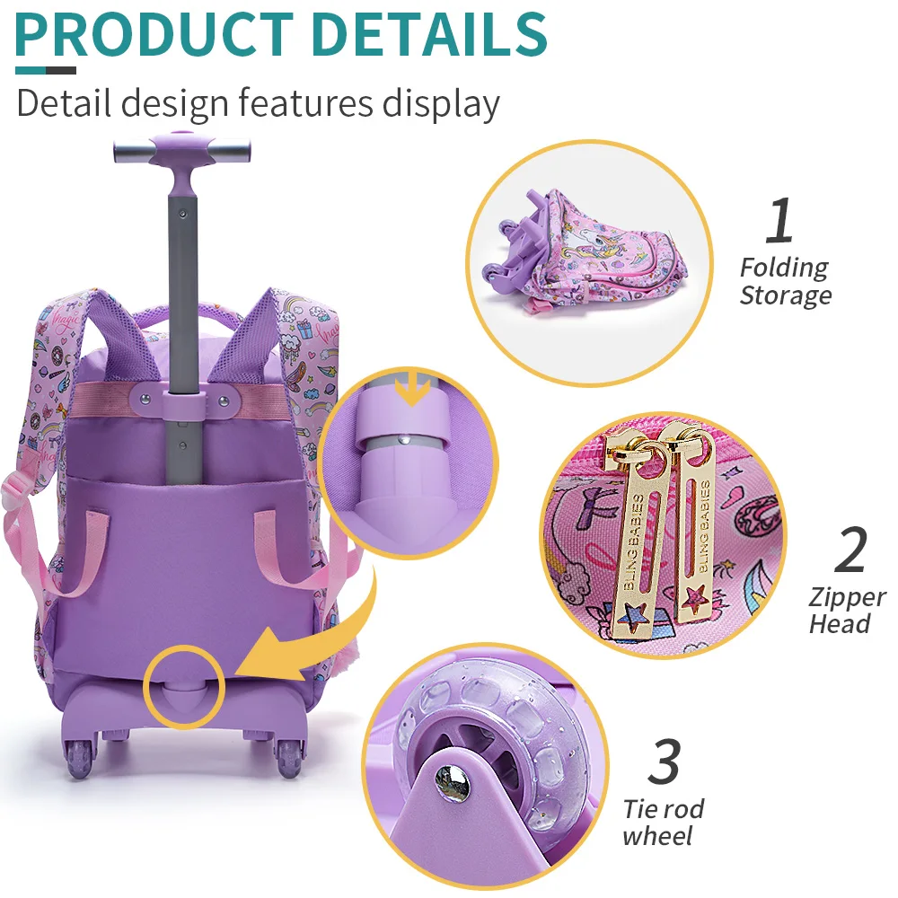 3PCS Rolling Backpack For Girls, Kids Wheeled School BookBag With Handbag And Pen Bag, Pink Unicorn Pattern Cute Sequin Material, Nighttime Reflective