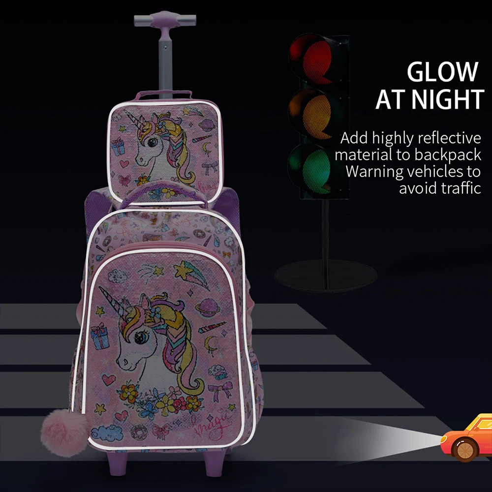 3PCS Rolling Backpack For Girls, Kids Wheeled School BookBag With Handbag And Pen Bag, Pink Unicorn Pattern Cute Sequin Material, Nighttime Reflective