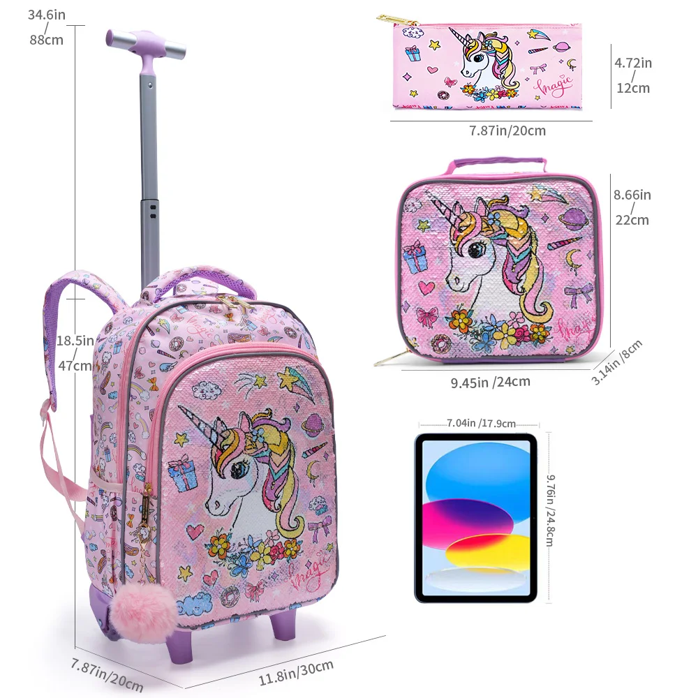 3PCS Rolling Backpack For Girls, Kids Wheeled School BookBag With Handbag And Pen Bag, Pink Unicorn Pattern Cute Sequin Material, Nighttime Reflective