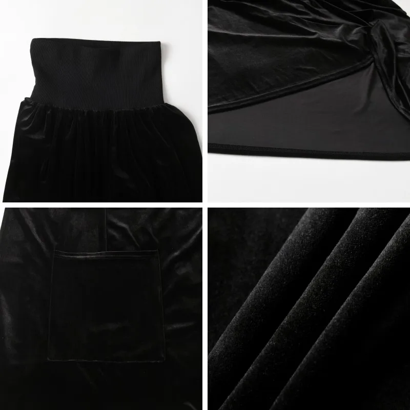 AW Mail's Sister Matching Clothing Teenager Girl Black Cotton Ribbed Shirt Young Girls Long Velvet Skirts with Pocket