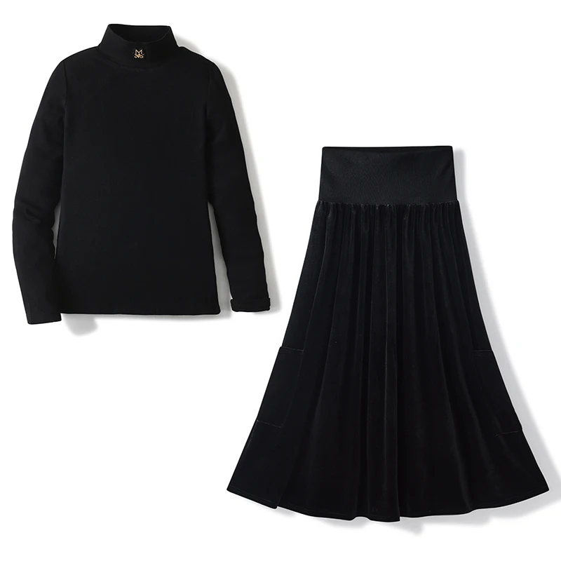 AW Mail's Sister Matching Clothing Teenager Girl Black Cotton Ribbed Shirt Young Girls Long Velvet Skirts with Pocket