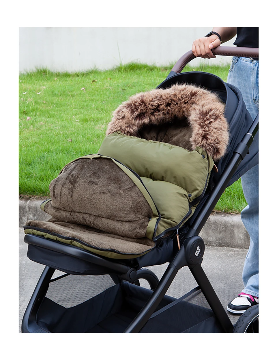 Army Green Footmuff In Baby Stroller Universal Winter Warm Baby Envelope 0-24 Months Windproof Fluffy Removable Fur Collar